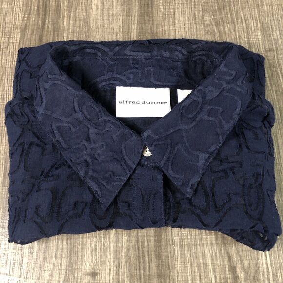 Alfred Dunner Blouse Womens 12 Navy Blue Semi Sheer Lace Geometric Button-Down - Picture 10 of 11